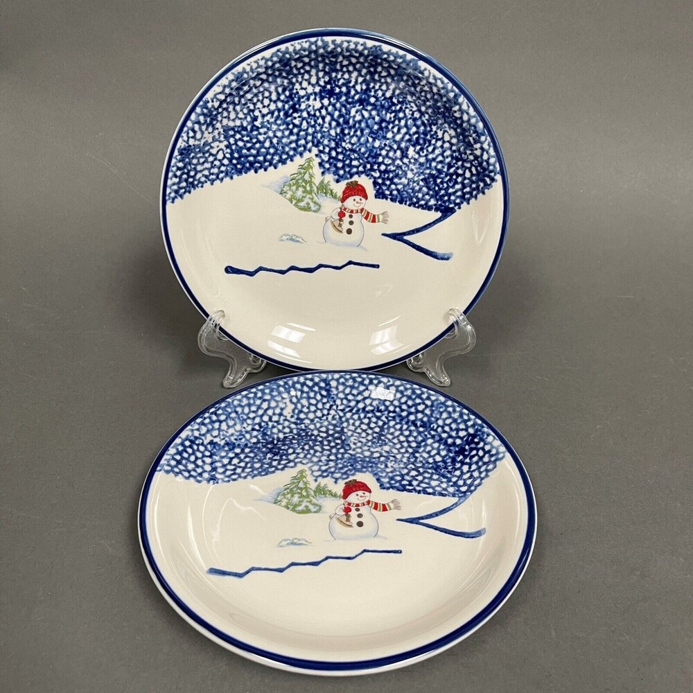 Thomson Pottery‎ Salad Plates Snowman Blue White 7 5/8" Snow Lot of 2